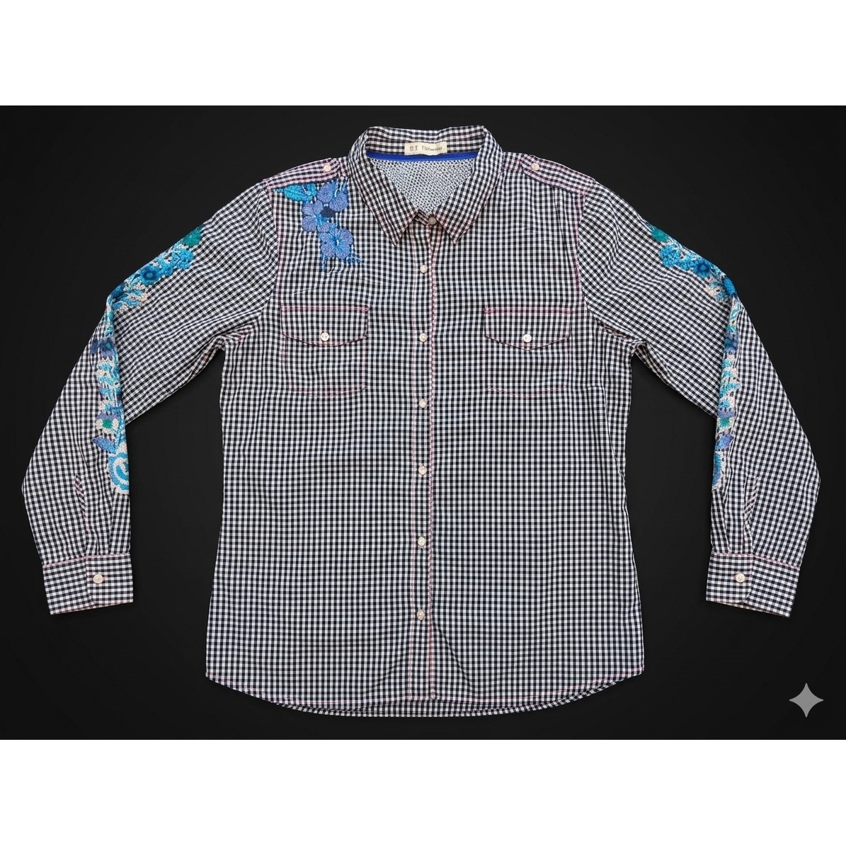 Boho 3j Workshop Johnny Was Navy Gingham Embroidered Floral Shirt Womens Large
